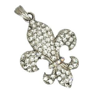 Silver Tone Round Cut Crystals Large Fleur De Lis Charm Pendant